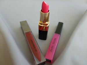 bobbi brown cosmic pink, neon pink, and burberry hibiscus gloss